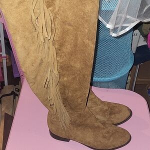 Brown Suede Fringe Knee-High Boots